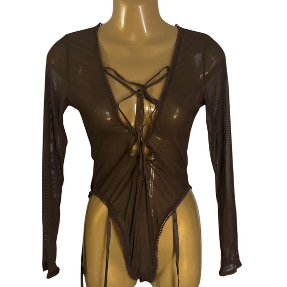 Frederick's of Hollywood Lola Lee Late Sheer Mesh Lace-Up Bodysuit Teddy Brown M
